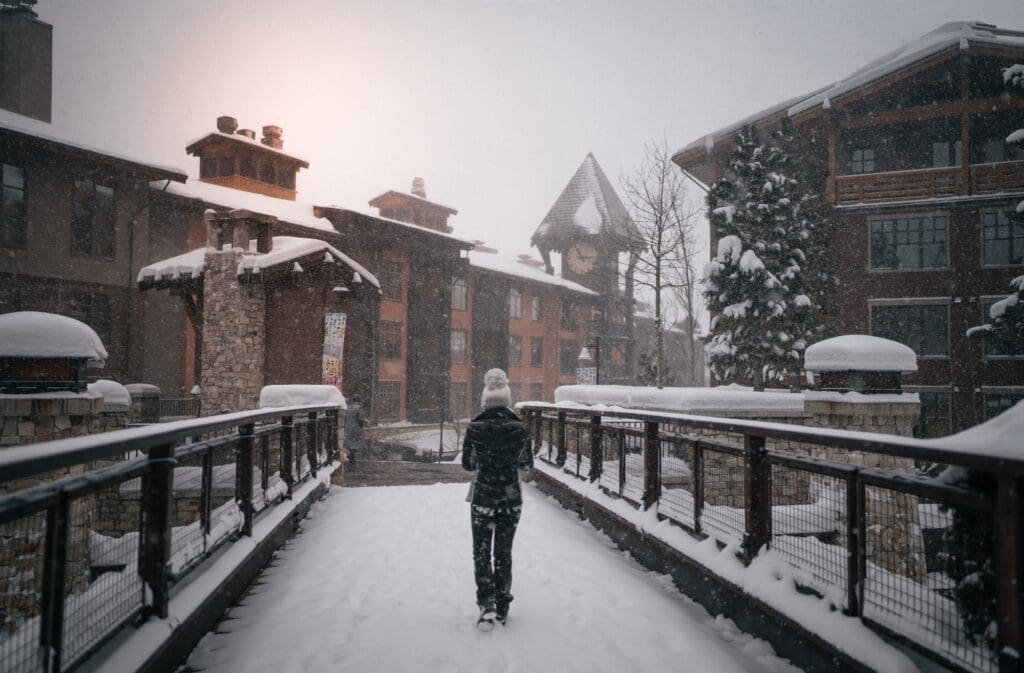 Crossing the bridge during a snow storm. winter weekend in mammoth