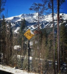 Bike x-ing sign mountain ski slopes